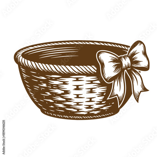 Vintage Grunge texture Illustration of a wicker basket with a bow on the side  traditional woven basketry design