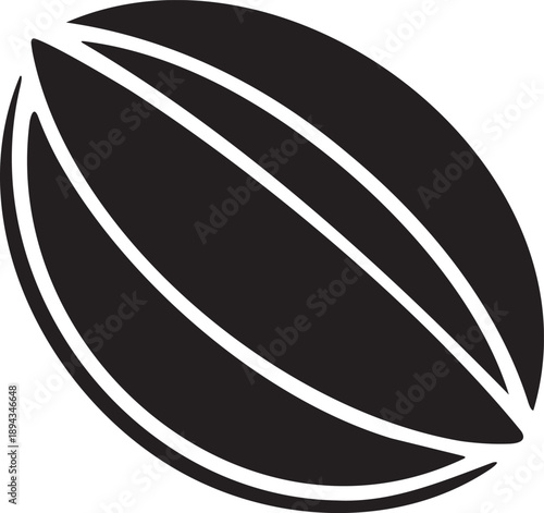 Simple black and white icon illustration of a cocoa pod or bean with three distinct longitudinal grooves, isolated on white.