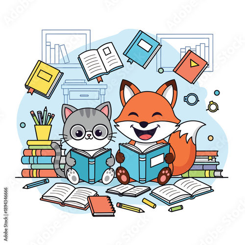 Cat and Fox Studying Together