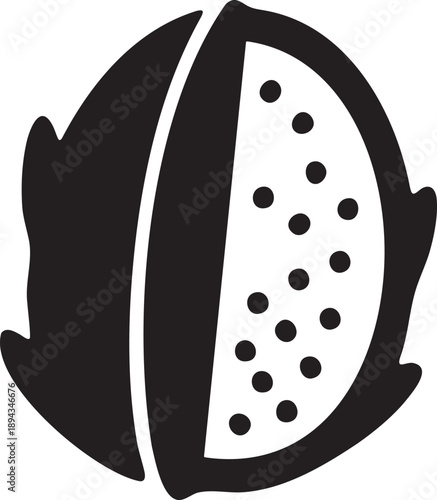Black and white stylized icon of a dragon fruit, representing exotic tropical fruit and healthy eating.