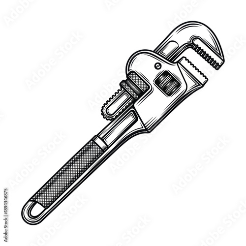 Hand-drawn pipe wrench illustration on white background