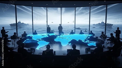 military strategy meeting with global map and war machines