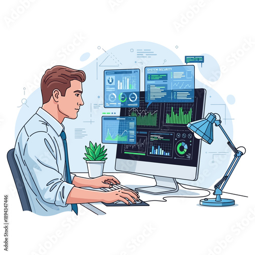 Man working on computer with data analytics dashboards