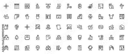 Bathroom icon set. Minimal vector icons pack. Includes tap, shower, sink, toilet, mirror, towel, soap and more. Editable linear illustrations.