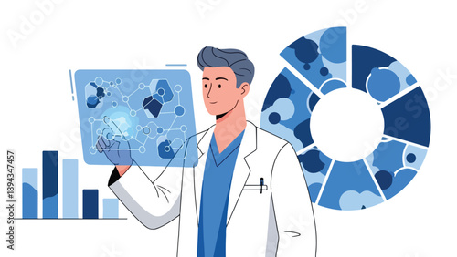 A doctor in a white coat presents a medical infographic on a tablet with various blue graphs and charts in the background.