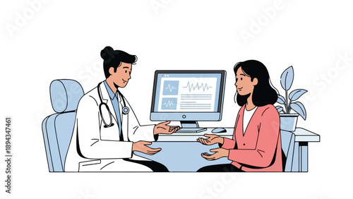 A doctor and a patient sitting across from each other at a desk with a computer, discussing health information in a professional office setting with a calm mood.