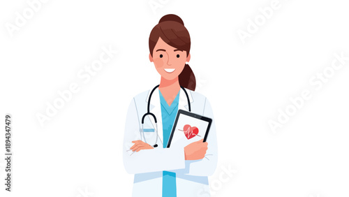 A smiling female doctor holding a clipboard with a heart diagram in her hand against a clean white background.