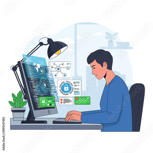 Programmer coding on computer, cybersecurity concept