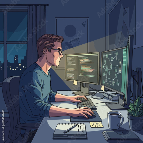 Programmer working late at night on computer, coding on multiple screens