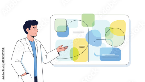 A doctor in a white lab coat presents information on a large screen display with colorful graphics and charts in a professional setting.