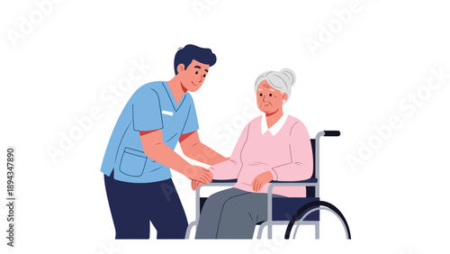 A doctor in blue scrubs assists an elderly woman in a wheelchair with a gentle and supportive gesture in a simple setting.