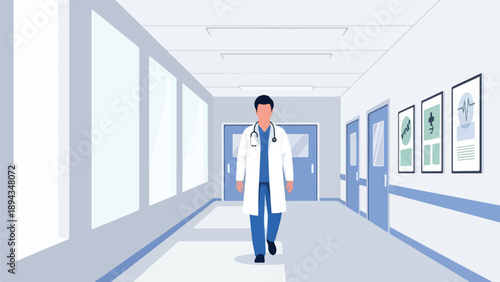 A doctor walking down a hospital corridor with blue accents and framed pictures on the wall, wearing a white lab coat.