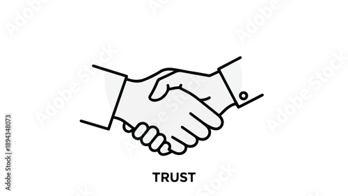 A minimalist line drawing of two people shaking hands over a clean white background with the word 'TRUST' underneath, conveying a sense of agreement and partnership in a simple, iconic