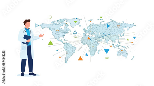 A doctor in a white lab coat gestures towards a world map with various colored geometric shapes on a clean white background.