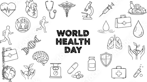 Hand-drawn Black and White Line Art Medical Health and Wellness Doodle Icon Set for World Health Day. Featuring Healthcare, Science, and Lifestyle Symbols.