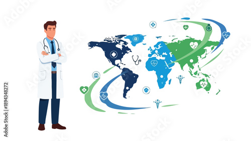 A confident doctor standing with arms crossed next to a stylized world map with green and blue swirling lines on a clean white background.
