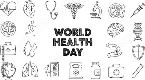 World Health Day Hand Drawn Black  White Line Art Icon Set. Medical and Healthcare Doodle Symbols for Wellness, Medicine, and Global Health Awareness.
