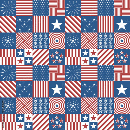 Seamless Patriotic Pattern with Stars and Stripes in Red, White, and Blue