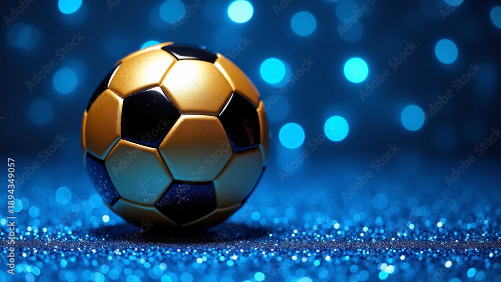 Naklejka premium Gold-black soccer ball rests on glittery blue—panels shimmer through bokeh haze, surreal calm and global anticipation radiate from luxury-core symmetry. 