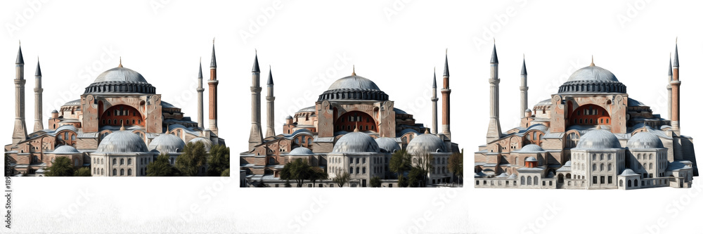 Fototapeta premium Historic Ottoman Mosque Architecture Set with Hagia Sophia Style Domes and Minarets