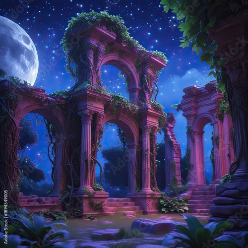 Vine-covered ruins under starlight