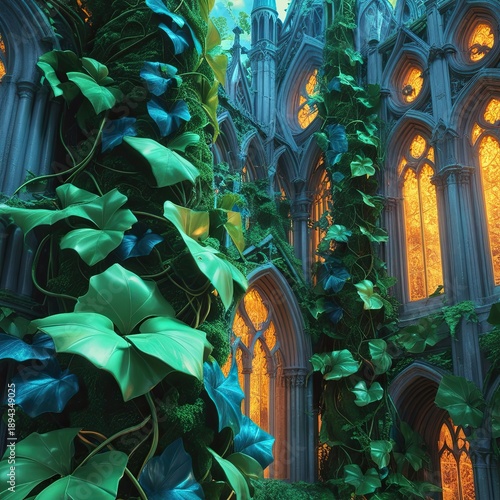 Vines wrapping around gothic architecture