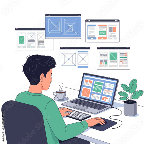 UI/UX designer creating website wireframes and prototypes on laptop