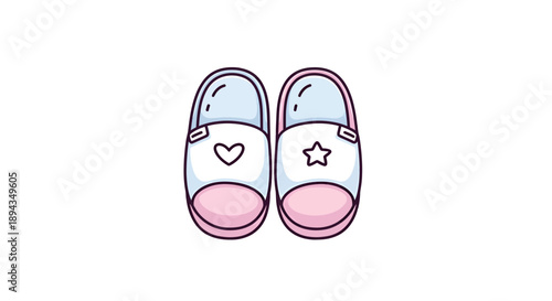 Cute Cartoon Slippers with Heart and Star Icon, Vector Illustration for Kids Room Decor, Cozy Home Footwear Design