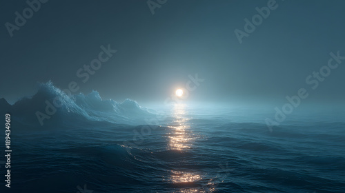 3D abstract seascape with moonlit ocean waves and misty horizon, creating a calm futuristic marine environment for conceptual design.