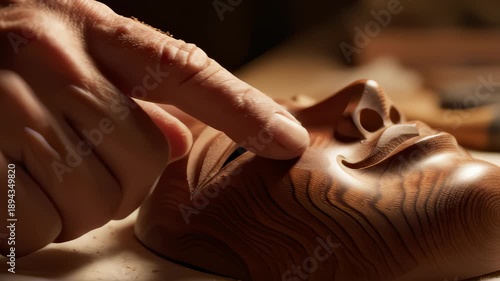 Wallpaper Mural Artisan Finishes Carved Wood Mask With Hand in Studio Close Up Torontodigital.ca