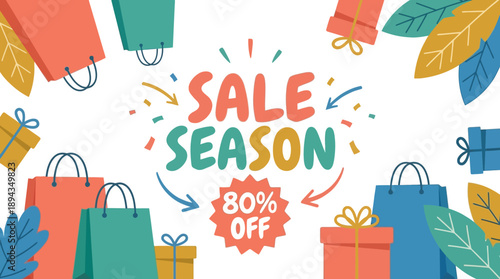 Exciting Discounts on Shopping Bags and Gifts, Festive Environment, Vibrant Colors, Graphic Design