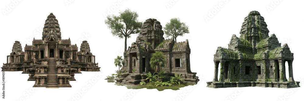 Obraz premium : Set of Ancient Khmer Temple Ruins Isolated on White Background