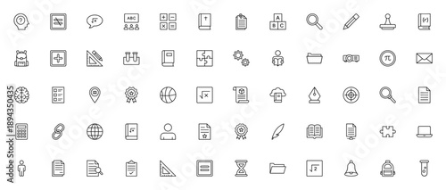 Back to school icon set. Vector illustration pack with question, calculator, books, brain, globe, and more. Editable stroke symbols for education and learning.