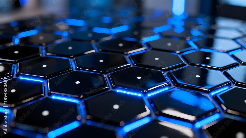 Fototapeta premium Close-up of a hexagonal grid with blue glowing edges and reflective surfaces