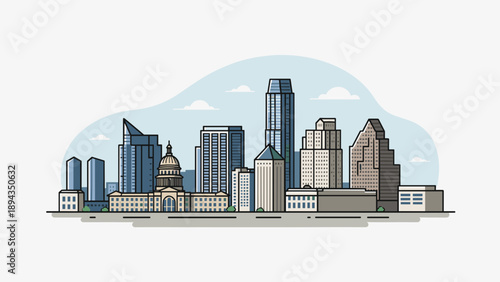 Austin Texas City Skyline Vector Illustration Featuring State Capitol and Downtown Skyscrapers in Flat Linear Art Style for Travel and Urban Design Background