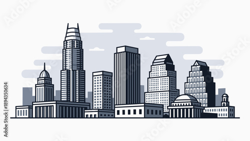 Flat Style Austin Texas Skyline Vector Illustration Featuring Famous City Landmarks and Capitol Building Under Blue Sky for Tourism and Travel Design