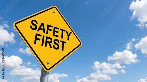 A prominent bright yellow diamond shaped sign displaying the safety first message clearly under a vibrant blue