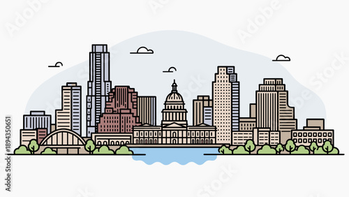 Austin Texas Cityscape Vector Illustration with Congress Avenue Bridge and State Capitol Landmark Over Lady Bird Lake in Flat Line Art Style