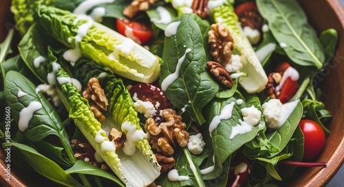 A fresh green salad in a wooden bowl with romaine lettuce, spinach, walnuts, cherry tomatoes, and a creamy white dressing