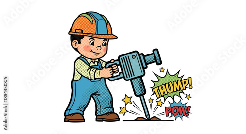 Cute Cartoon Boy Construction Worker Operating Jackhammer, Vector Illustration for Kids' Projects, Educational Content, and Playful Designs