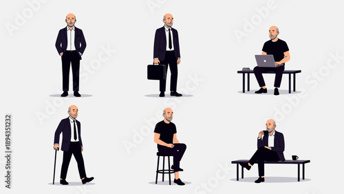 Senior Bald Guy Vector Character Set in Black Suit and T-shirt Using Laptop and Walking with Cane Older Business Man Cartoon Illustration Bundle