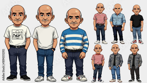 Elderly Bald Guy Vector Character Illustration in Various Casual Outfits, Senior Man with Mustache in Stripes and Plaid Shirts, Caricature Style Male Icon Set for Retirement Themes
