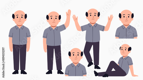 Friendly Mature Bald Guy Vector Cartoon Character with Side Hair, Happy Male Character Waving and Gesturing in Simple Flat Style for Website Mascot and Storytelling Illustration