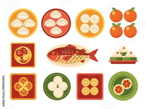 Symmetrical Layout of Traditional Chinese Food and Dim Sum 
