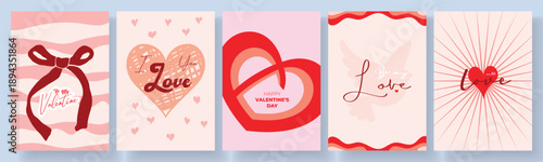 Collection of five romantic Valentine's day cards. hearts, bows, doves, love, template for banner, poster, ads, cover, label, sale, background, branding