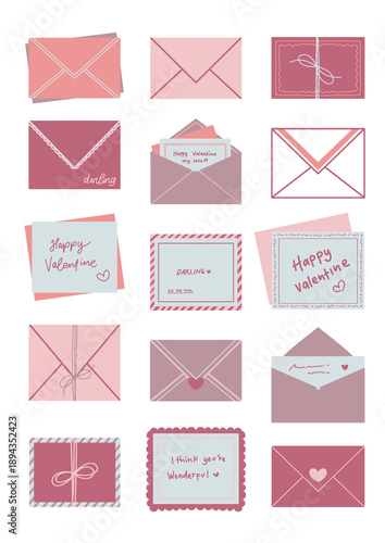 Valentine Envelope and Love Card Illustration Set in Pink Romantic Flat Style Perfect for greeting card prints, printable stationery, and romantic paper goods