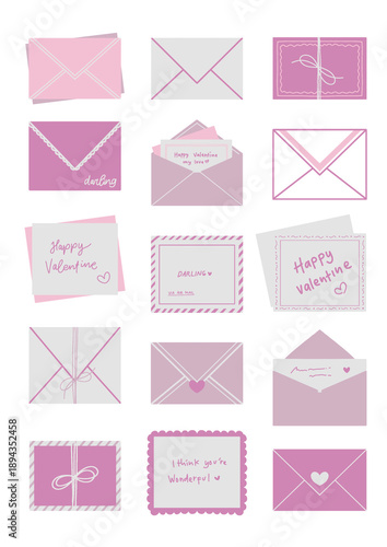 Valentine Envelope and Love Card Illustration Set in Pink Romantic Flat Style Perfect for greeting card prints, printable stationery, and romantic paper goods
