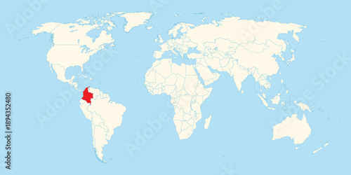 colombia highlighted in red on world map for geographic research and south american territory identification purposes