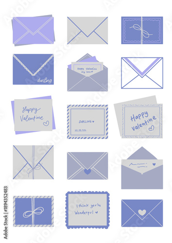 Valentine Envelope and Love Card Illustration Set in Violet Romantic Flat Style Perfect for greeting card prints, printable stationery, and romantic paper goods