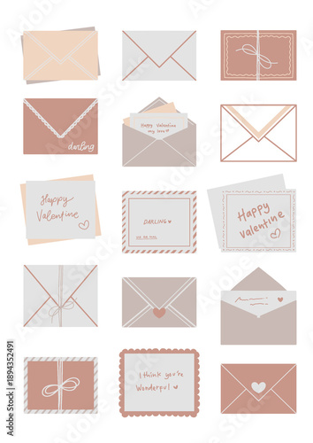 Valentine Envelope and Love Card Illustration Set in Brown Romantic Flat Style Perfect for greeting card prints, printable stationery, and romantic paper goods